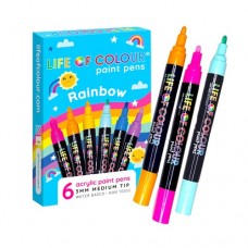 Paint Pens 3mm Medium Tip Acrylic - Rainbow Colours  - Set of 6 - Life of Colour 